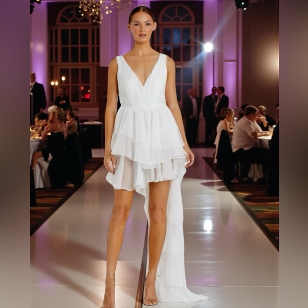 NWT! Mac Duggal Dress White High Low Gown with Built In Bodysuit size 0